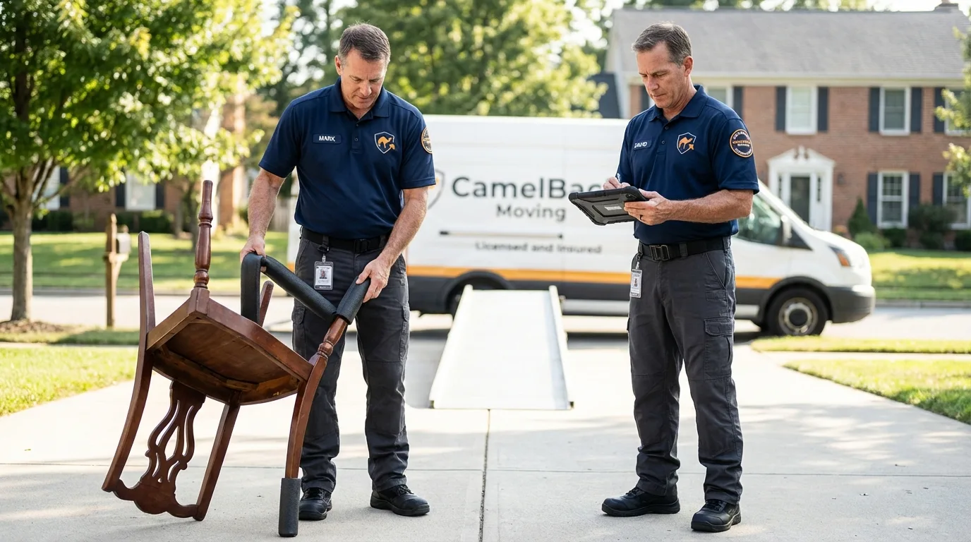 Movers inspecting furniture for damage prevention before loading in Calabash, NC